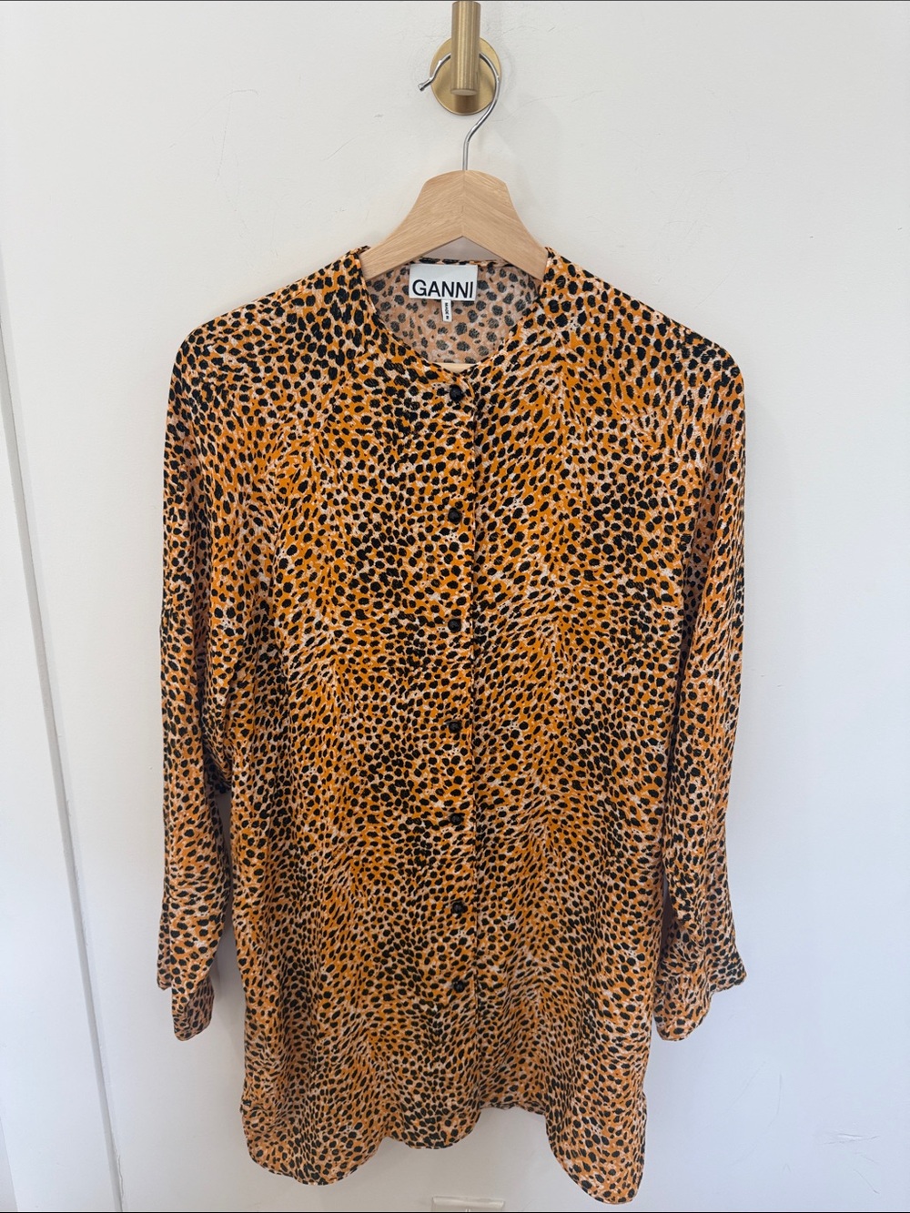 Ganni Orange and Black Leopard Print Button-Down Shirt